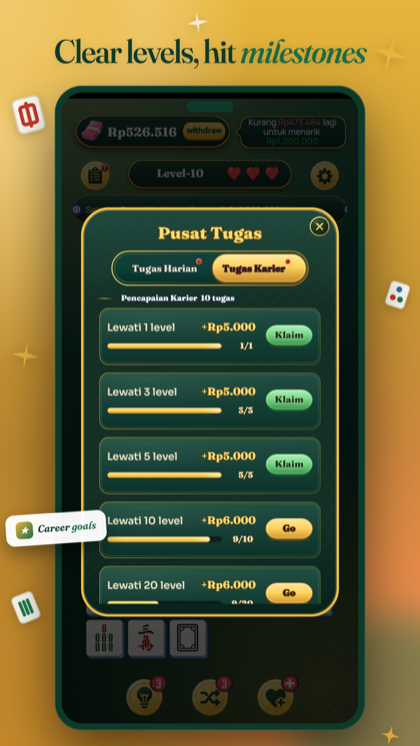 Large irregular mahjong layout with increasing challenge